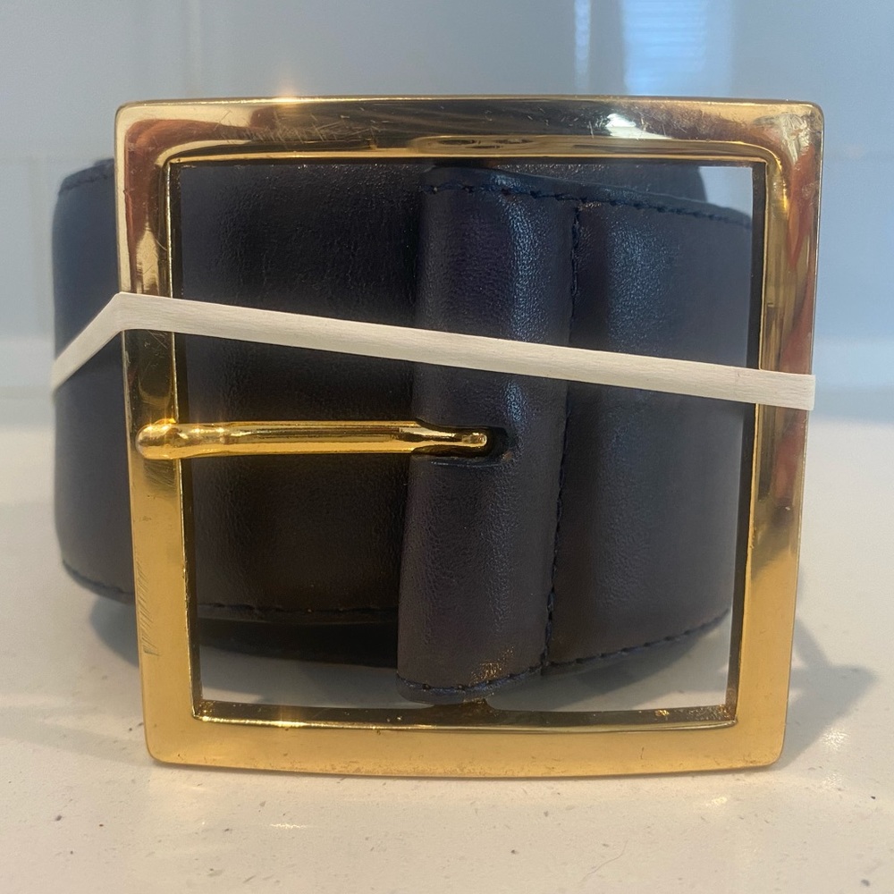 W. Kleinberg America Leather Wide Gold Buckle Suede Lining Black Belt size m